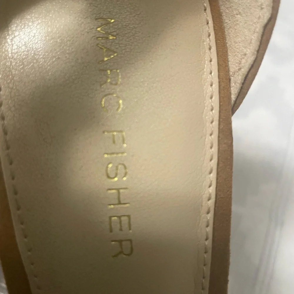 Mark Fisher beige suede and snake embossed ankle strap cork‎ wedges.